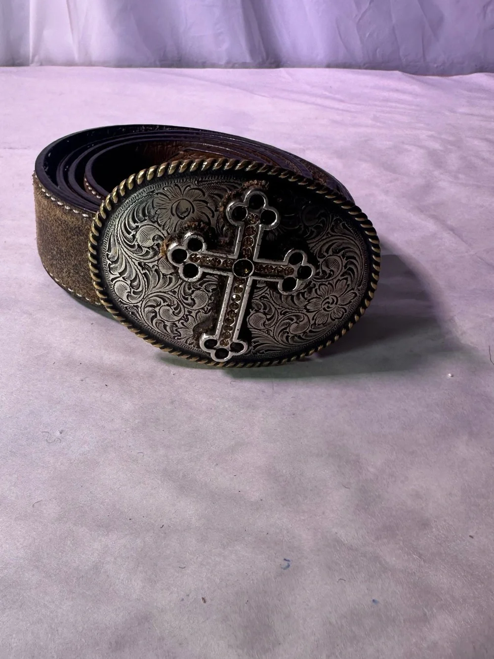 Nocona Brown Leather Belt with Ornate Cross Oval Buckle
